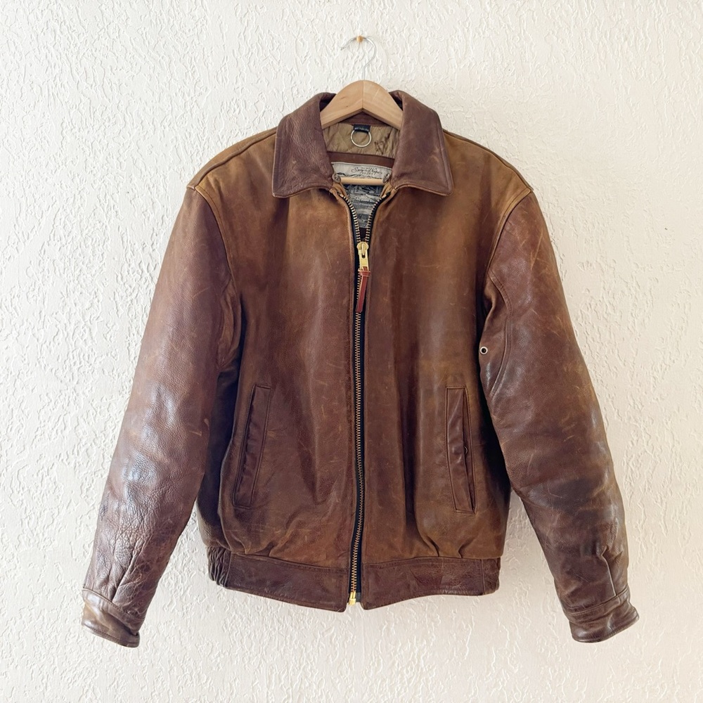 Vintage Sawyer of Napa Leather Bomber Flight Jacket Wool Moto Classic Brown S